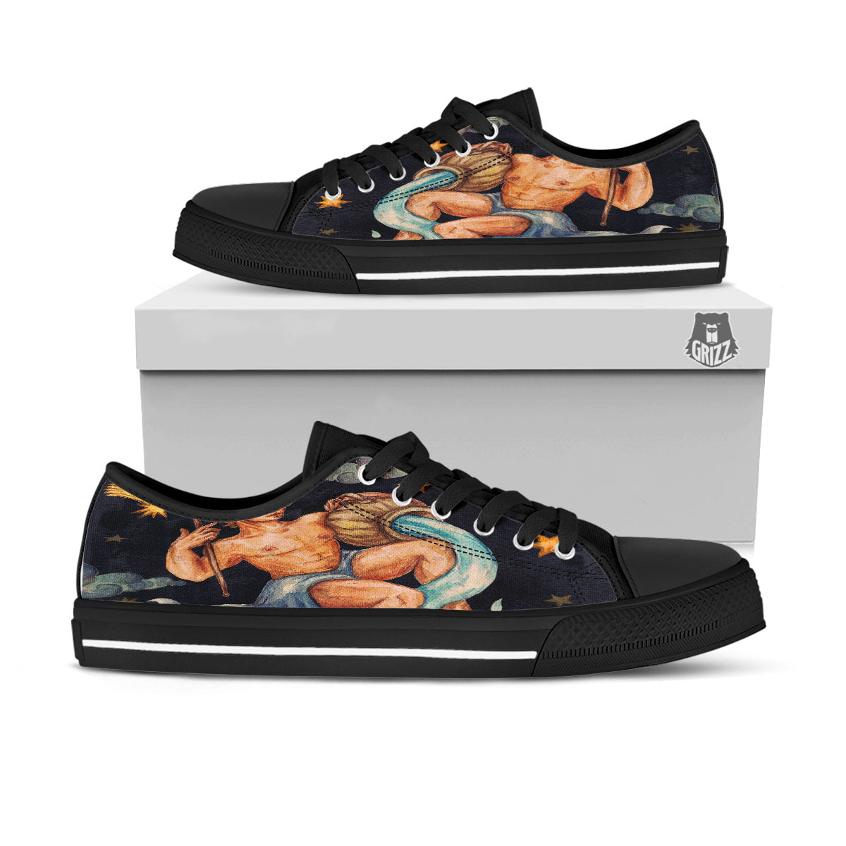 Zodiac Sign Watercolor Aquarius Print Black Low Top Shoes-grizzshop