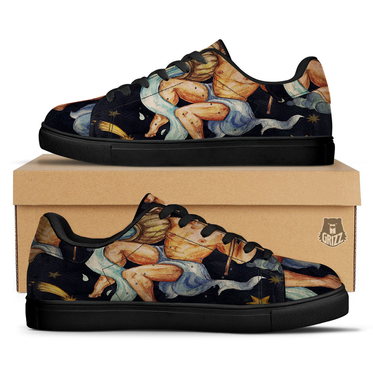Zodiac Sign Watercolor Aquarius Print Black Low Top Sneakers-grizzshop