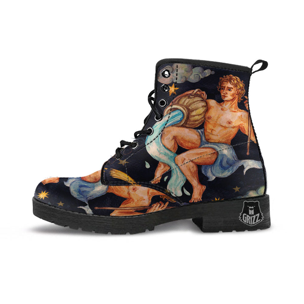 Zodiac Sign Watercolor Aquarius Print Leather Boots-grizzshop