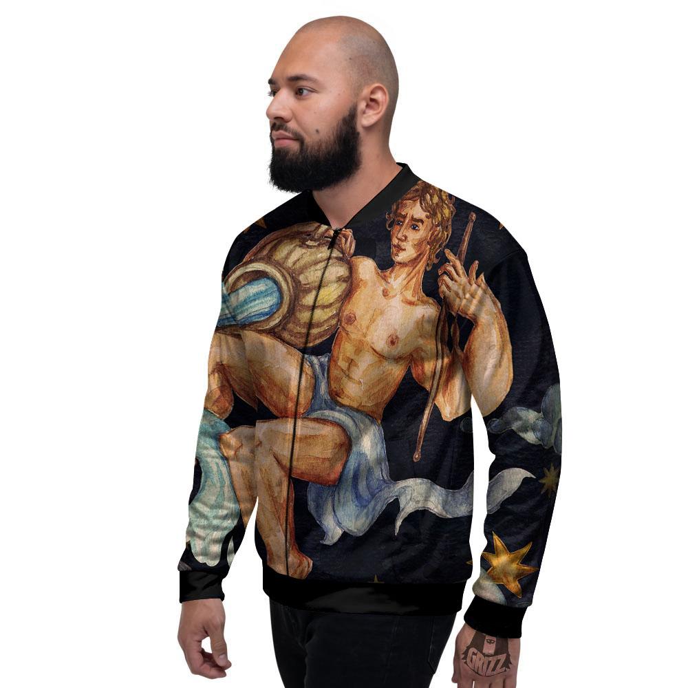 Zodiac Sign Watercolor Aquarius Print Men's Bomber Jacket-grizzshop