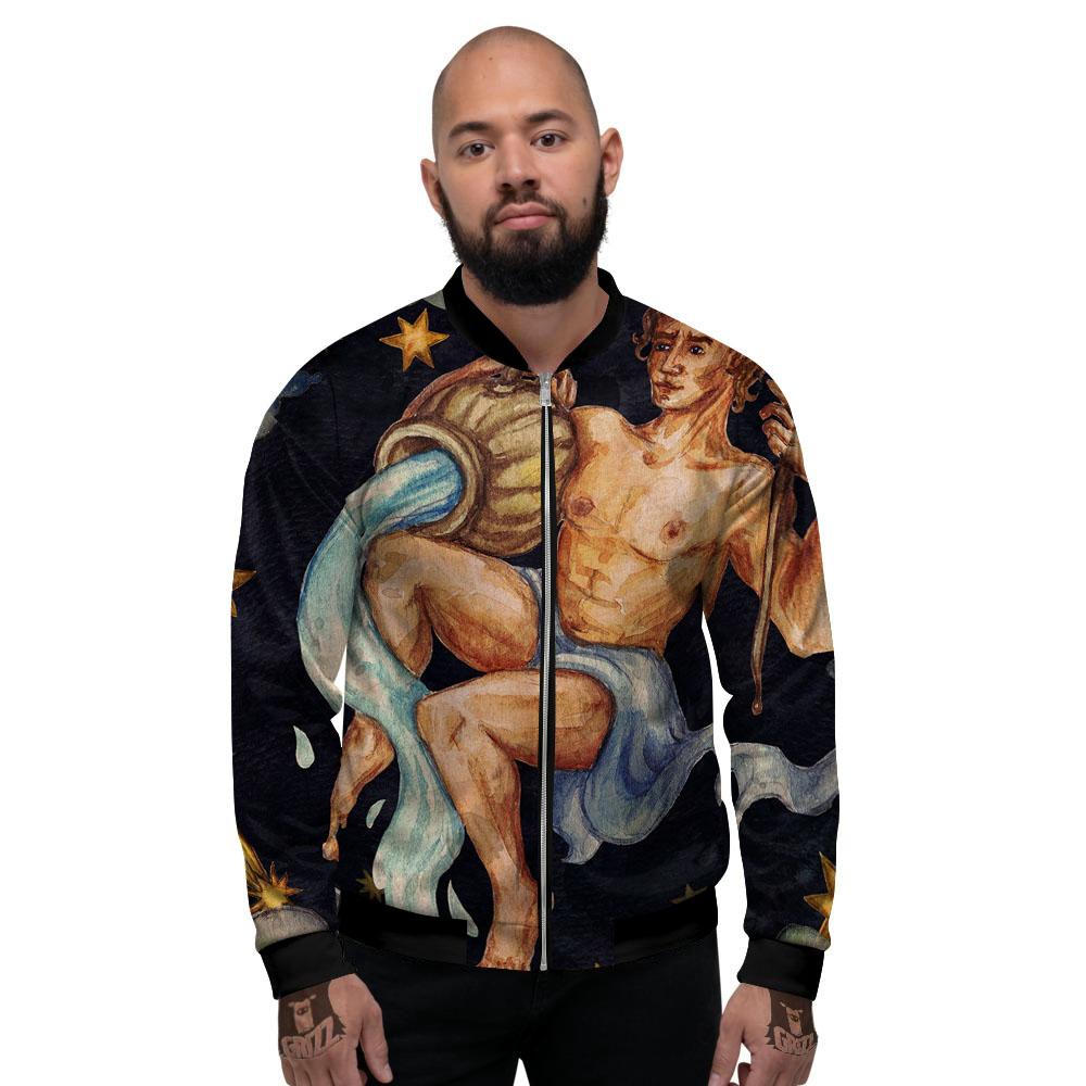 Zodiac Sign Watercolor Aquarius Print Men's Bomber Jacket-grizzshop