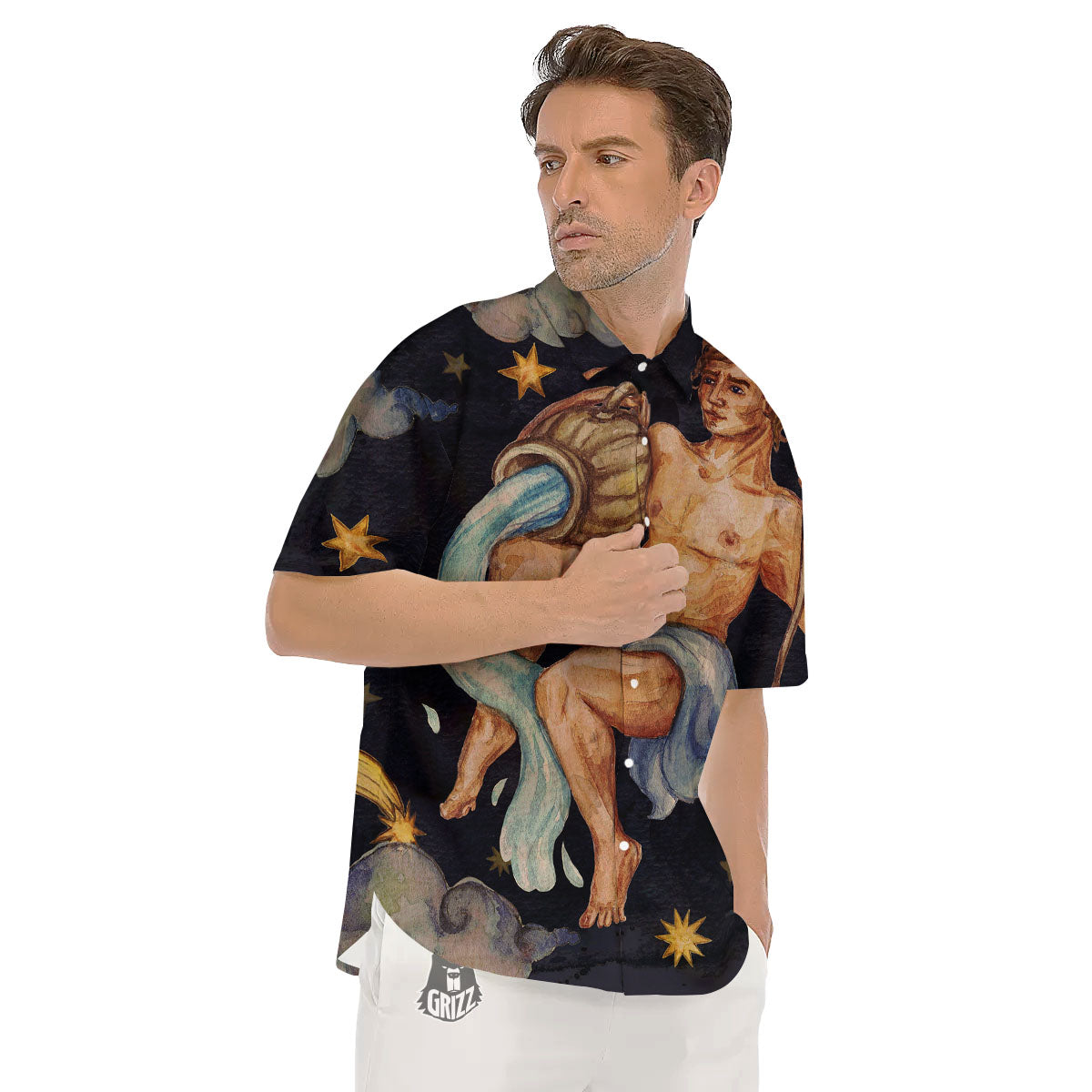 Zodiac Sign Watercolor Aquarius Print Men's Short Sleeve Shirts-grizzshop