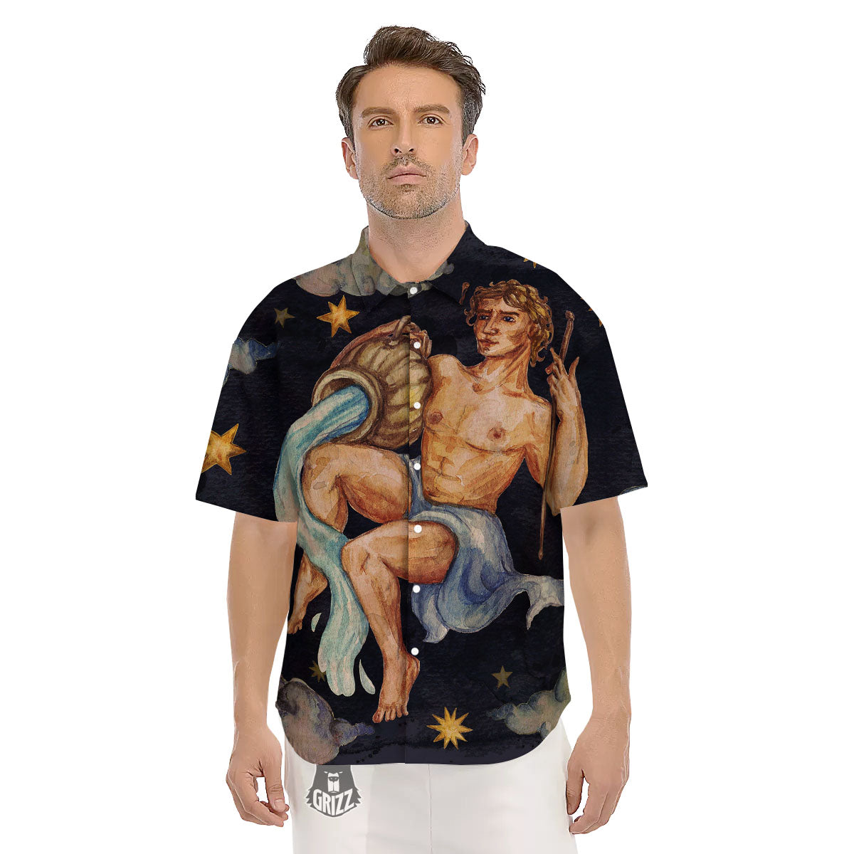 Zodiac Sign Watercolor Aquarius Print Men's Short Sleeve Shirts-grizzshop