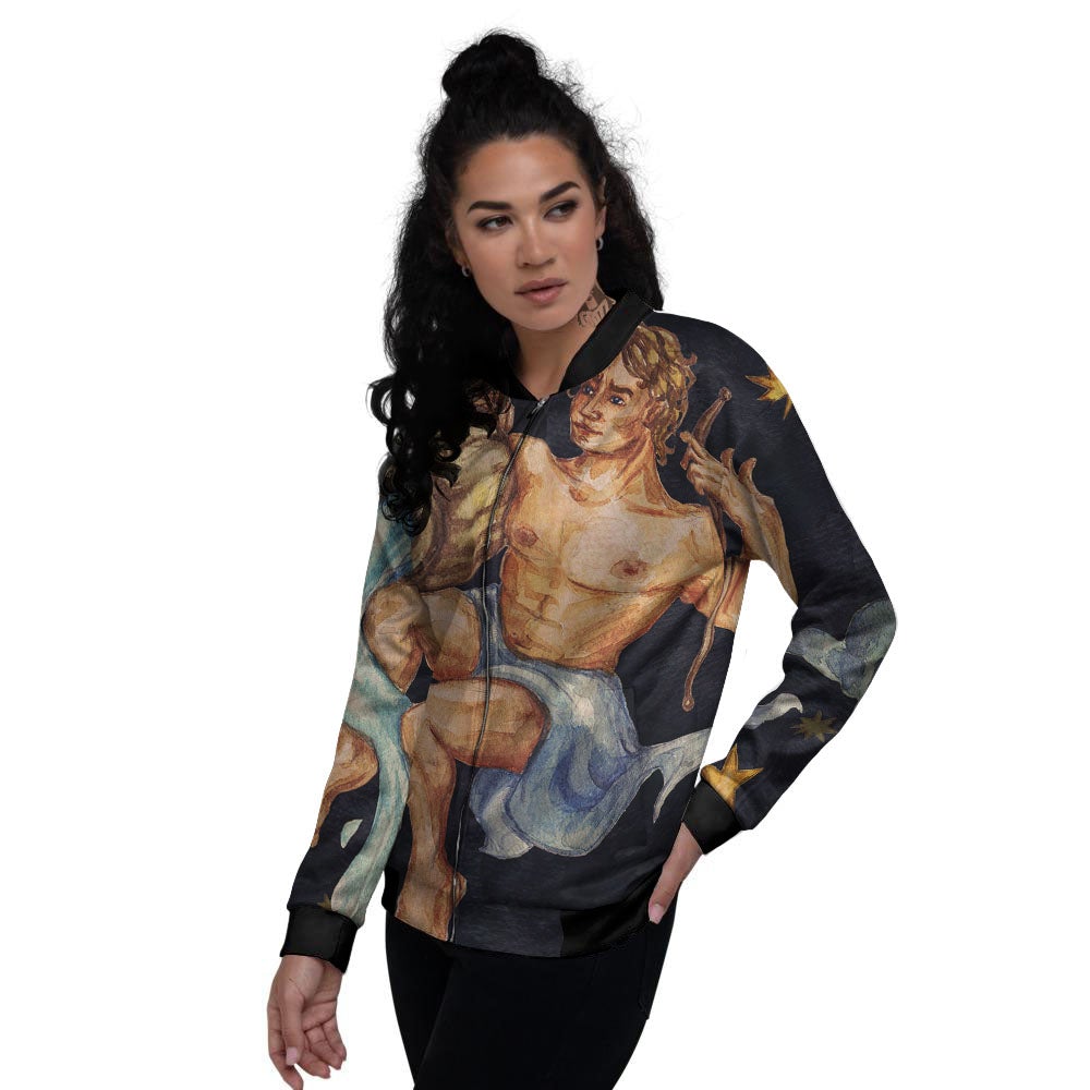 Zodiac Sign Watercolor Aquarius Print Women's Bomber Jacket-grizzshop