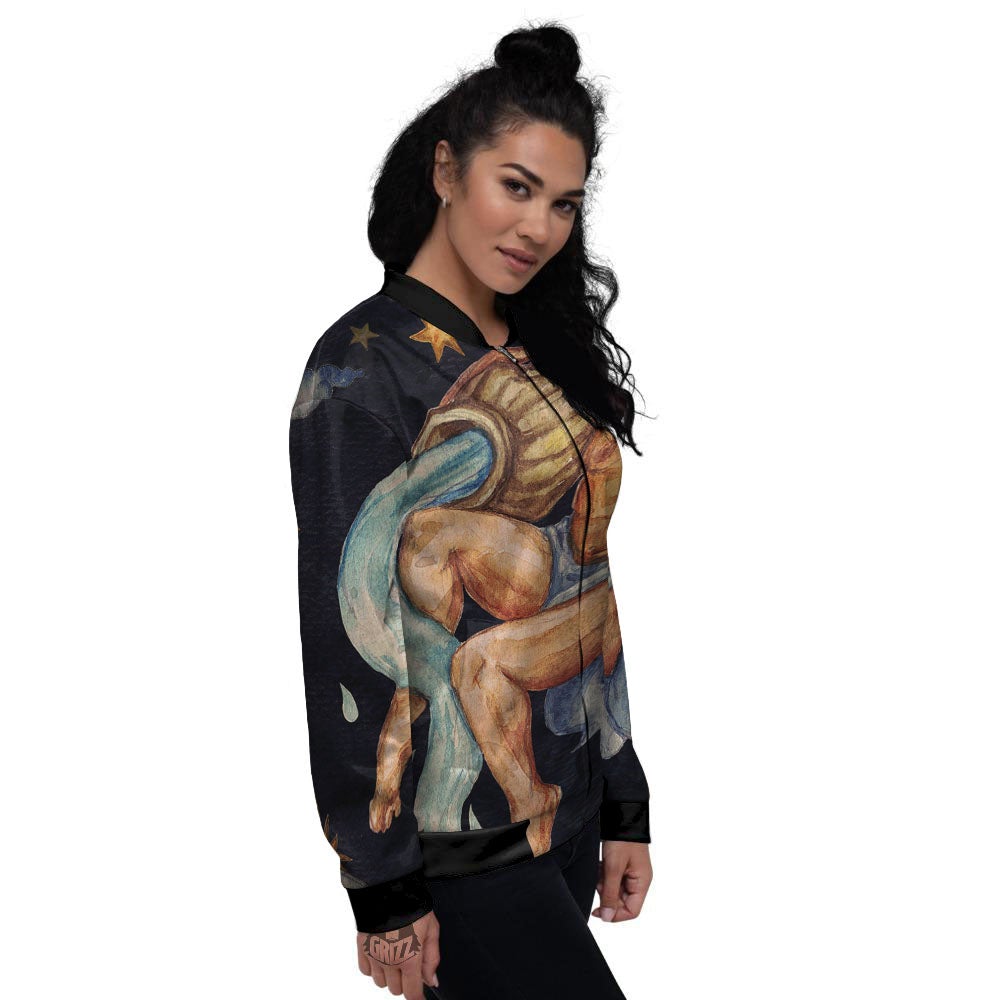 Zodiac Sign Watercolor Aquarius Print Women's Bomber Jacket-grizzshop