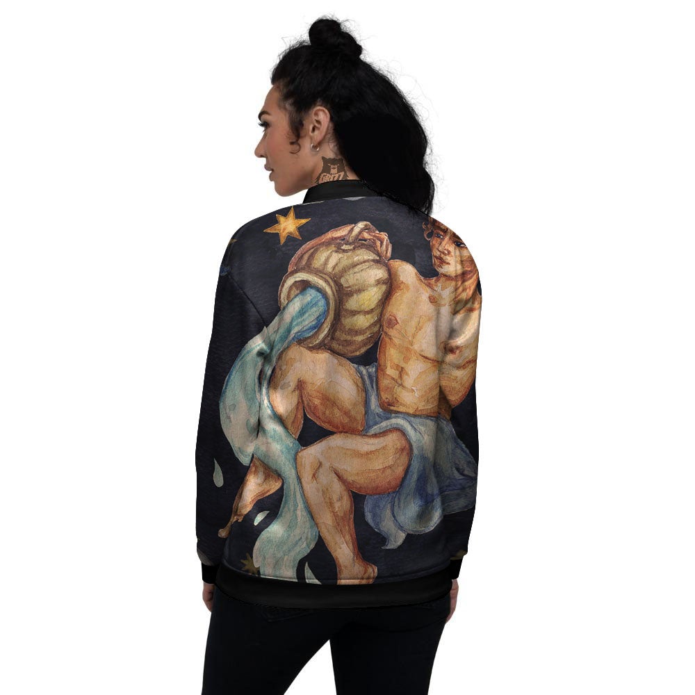 Zodiac Sign Watercolor Aquarius Print Women's Bomber Jacket-grizzshop