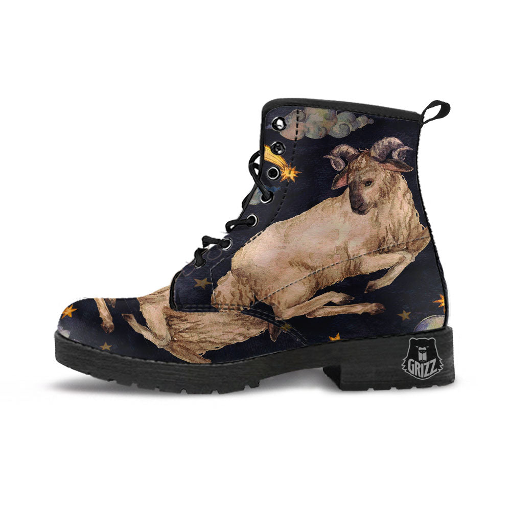 Zodiac Sign Watercolor Aries Print Leather Boots-grizzshop