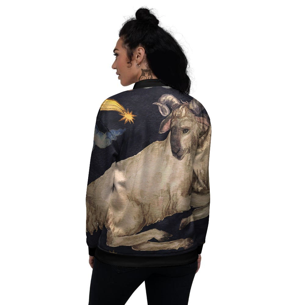 Zodiac Sign Watercolor Aries Print Women's Bomber Jacket-grizzshop