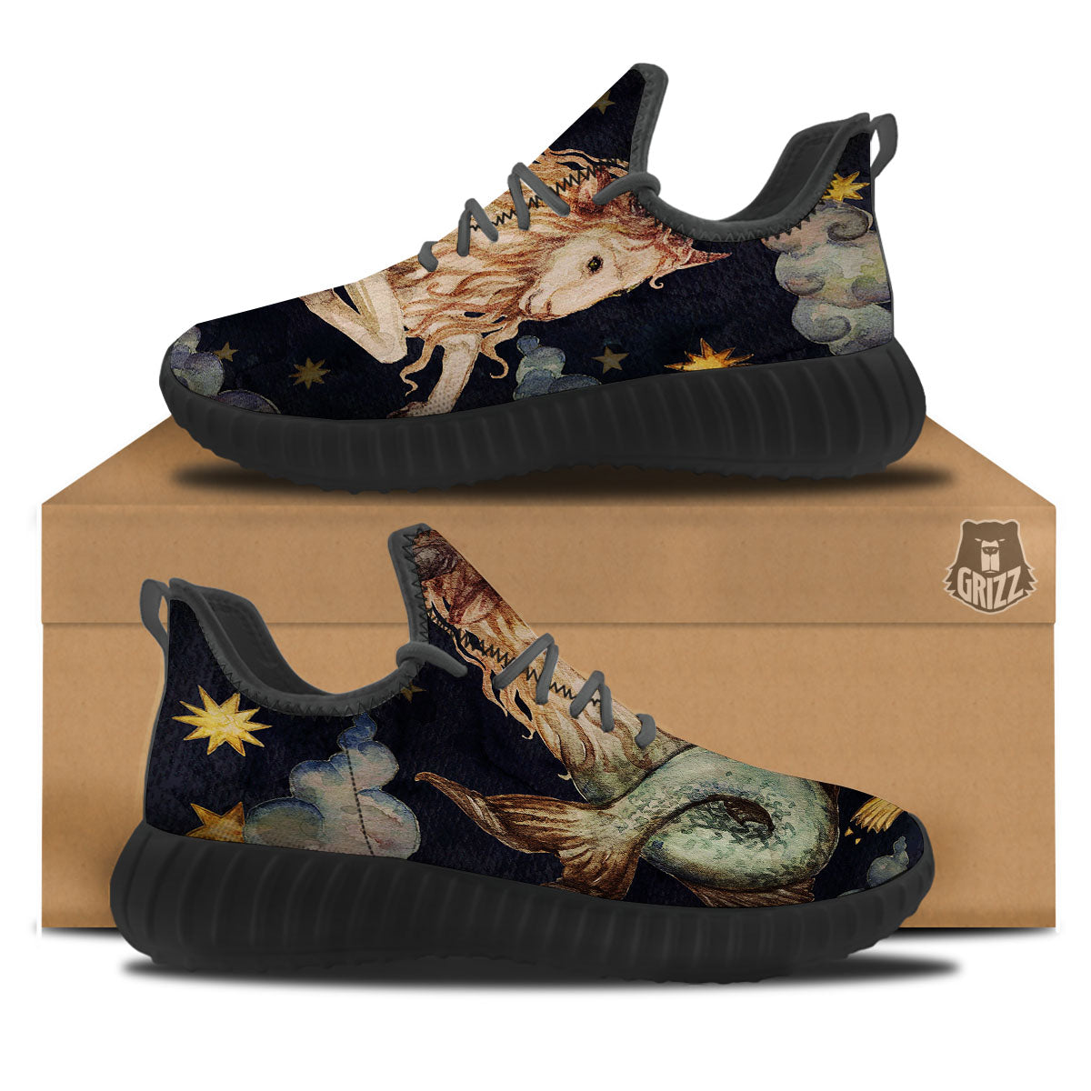 Zodiac Sign Watercolor Capricorn Print Black Walking Shoes-grizzshop