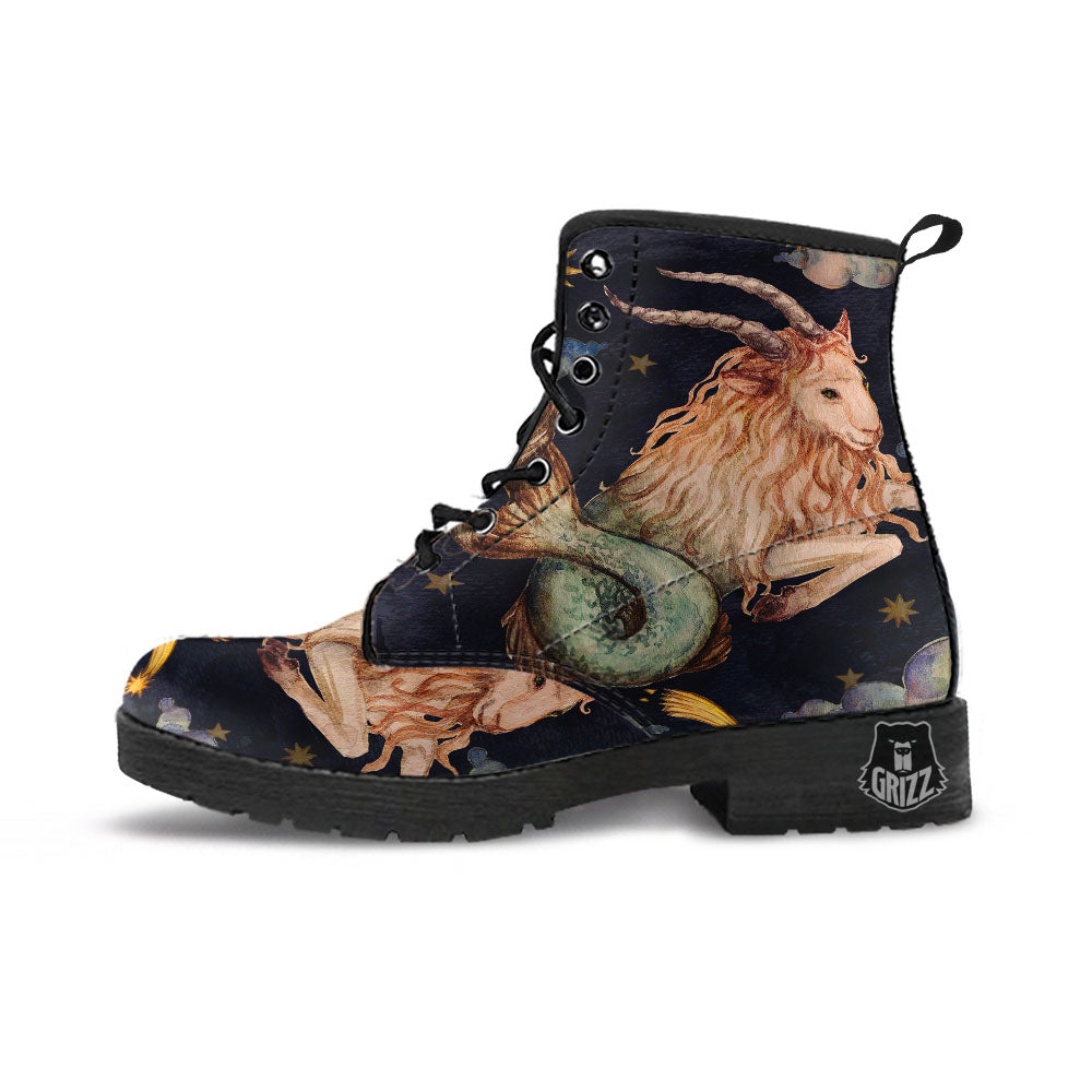 Zodiac Sign Watercolor Capricorn Print Leather Boots-grizzshop