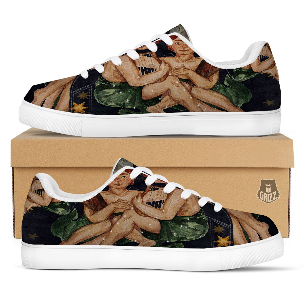 Zodiac Sign Watercolor Gemini Print White Low Top Sneakers-grizzshop