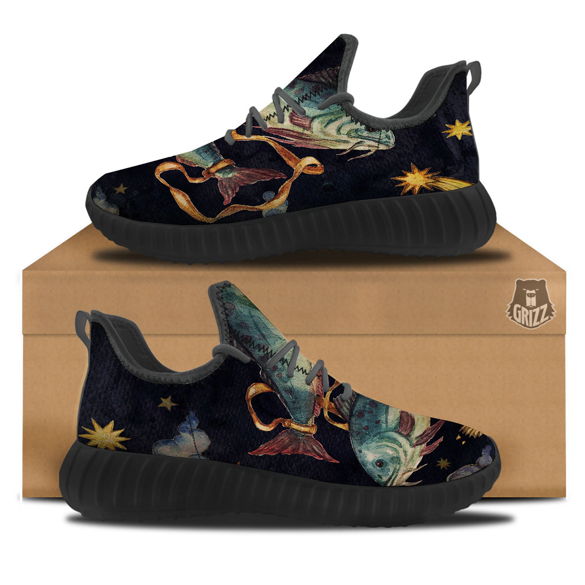 Zodiac Sign Watercolor Pisces Print Black Walking Shoes-grizzshop