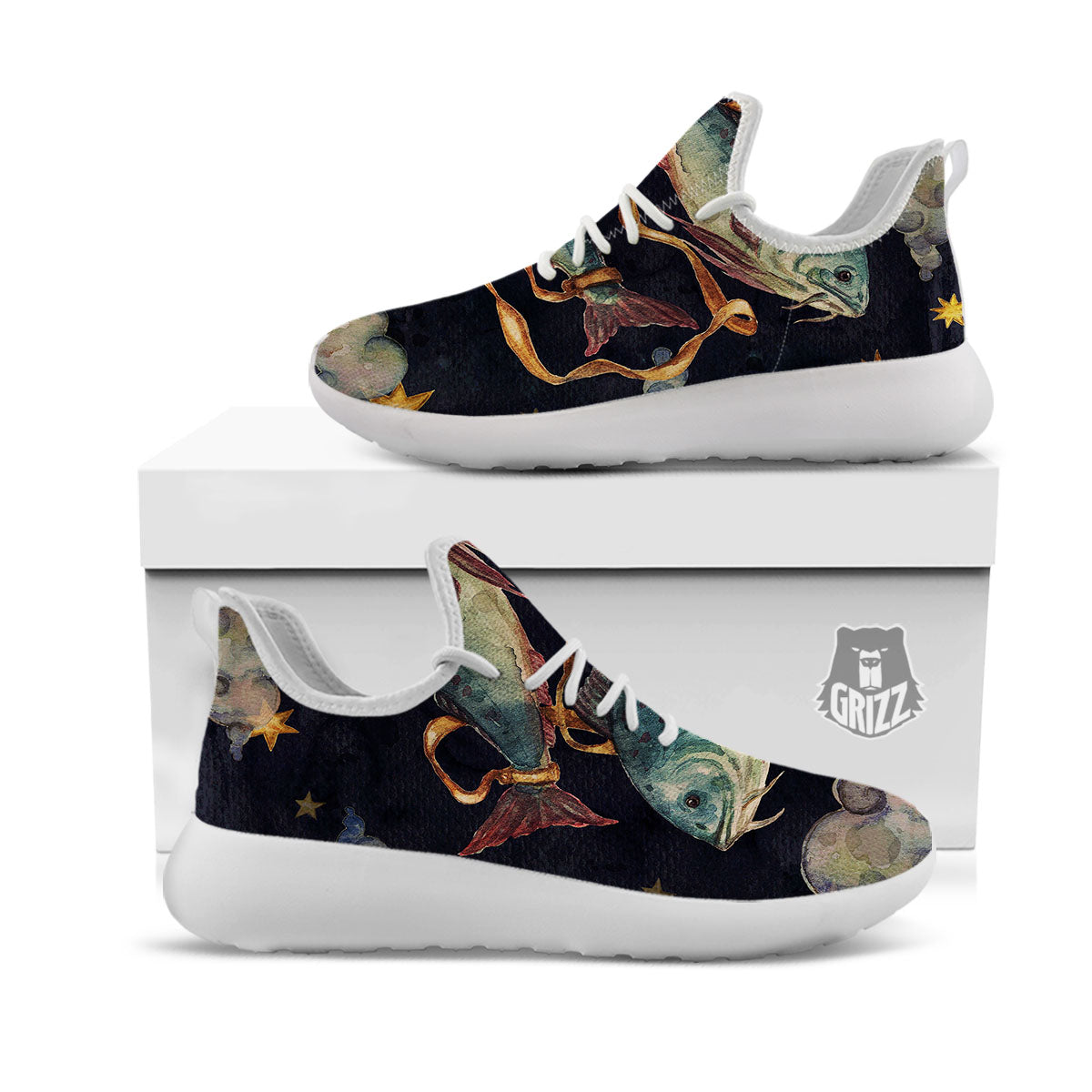 Zodiac Sign Watercolor Pisces Print White Athletic Shoes-grizzshop