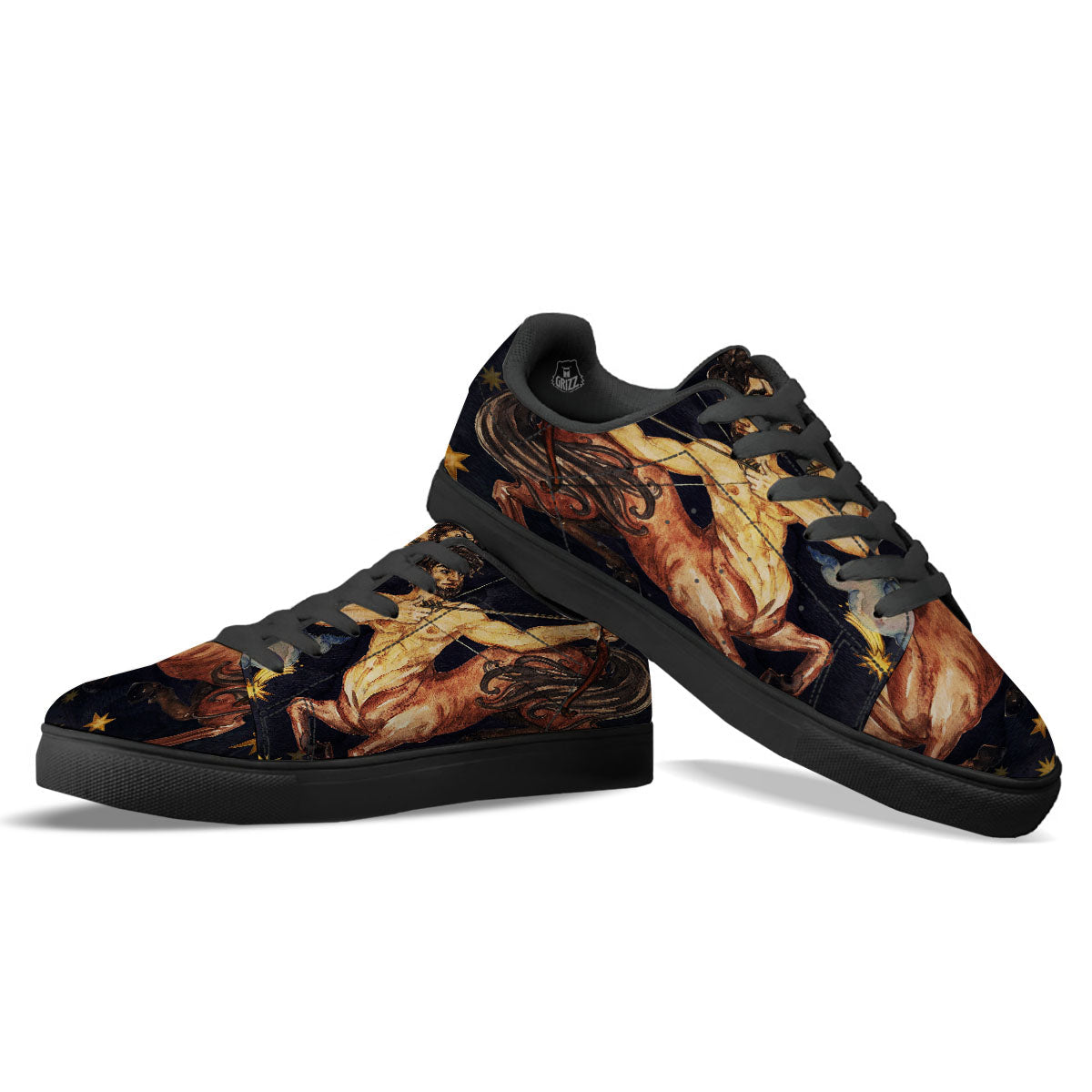 Zodiac Sign Watercolor Sagittarius Print Black Low Top Sneakers-grizzshop