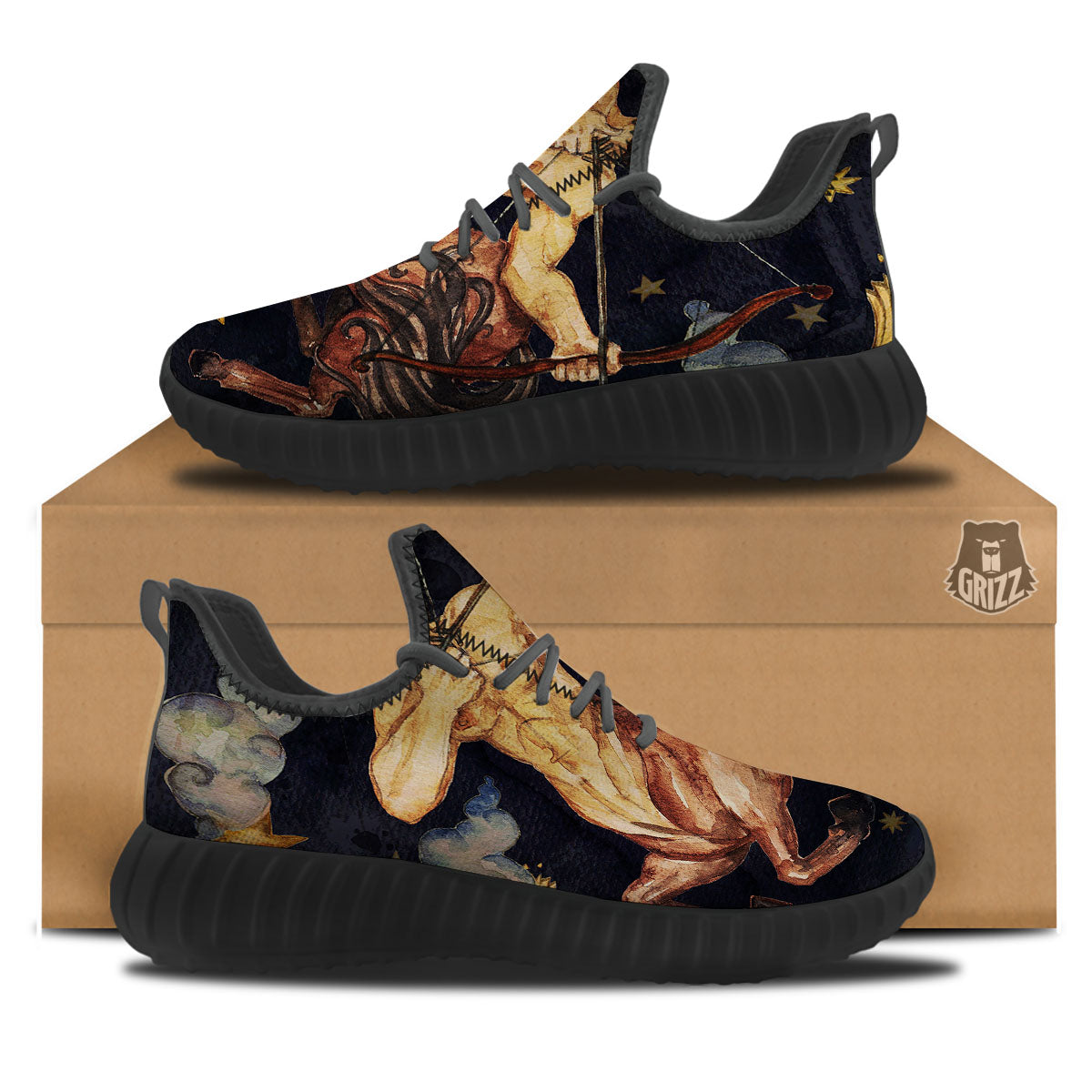 Zodiac Sign Watercolor Sagittarius Print Black Walking Shoes-grizzshop