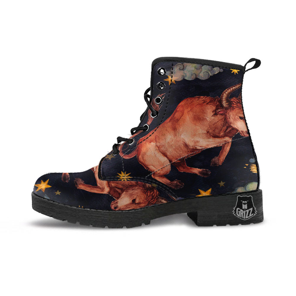 Zodiac Sign Watercolor Taurus Print Leather Boots-grizzshop