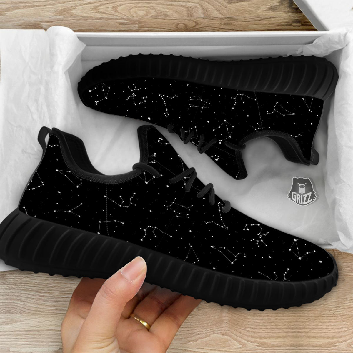Zodiac Stars White And Black Print Black Walking Shoes-grizzshop