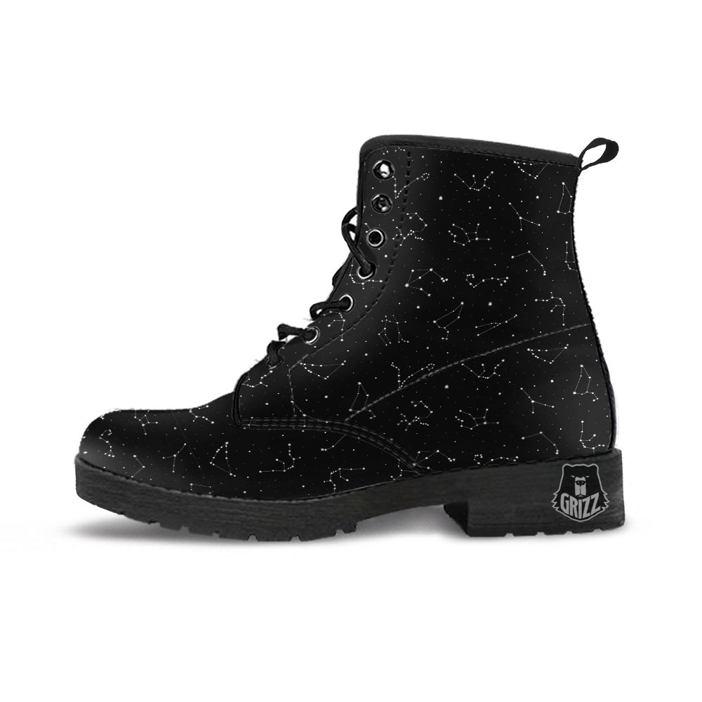 Zodiac Stars White And Black Print Leather Boots-grizzshop