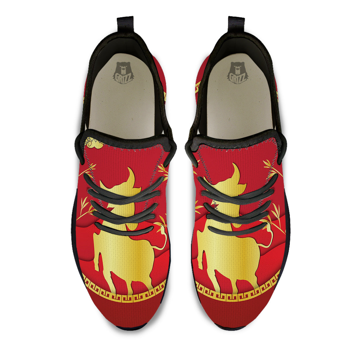 Zodiac Symbol Chinese Ox Print Black Athletic Shoes-grizzshop