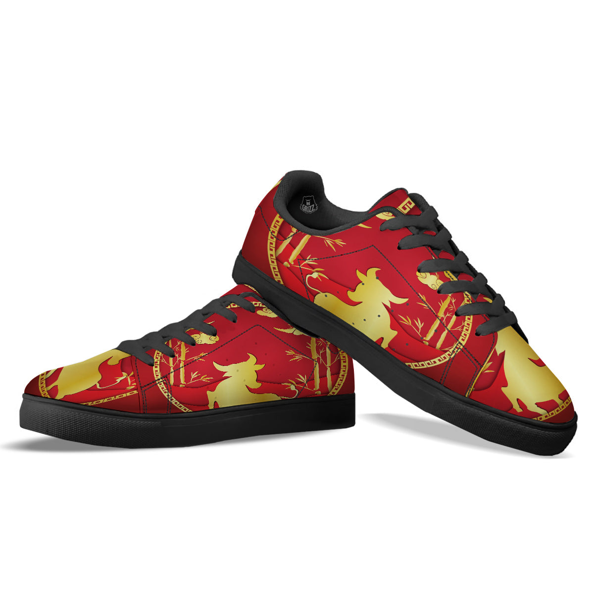 Zodiac Symbol Chinese Ox Print Black Low Top Sneakers-grizzshop
