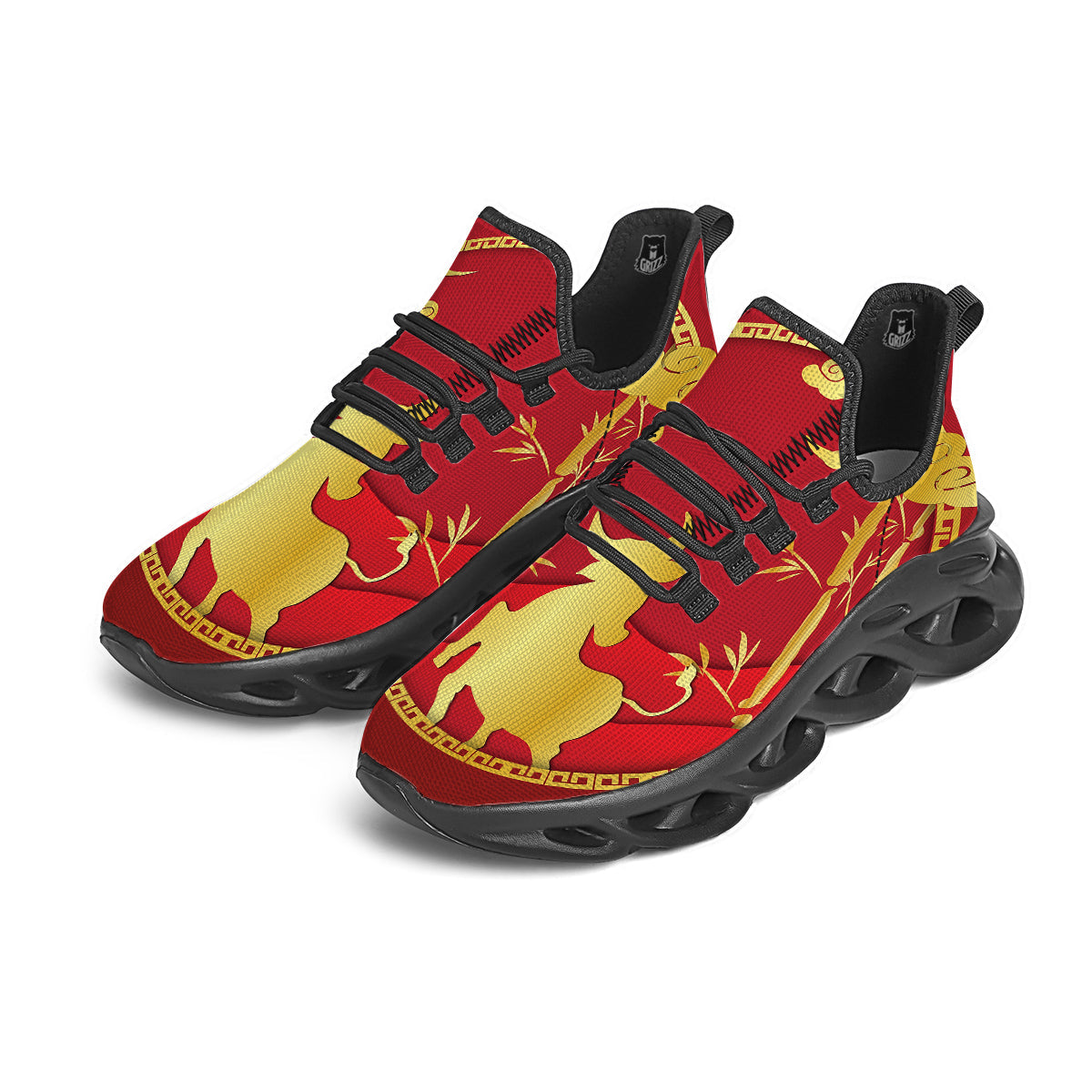 Zodiac Symbol Chinese Ox Print Black Running Shoes-grizzshop