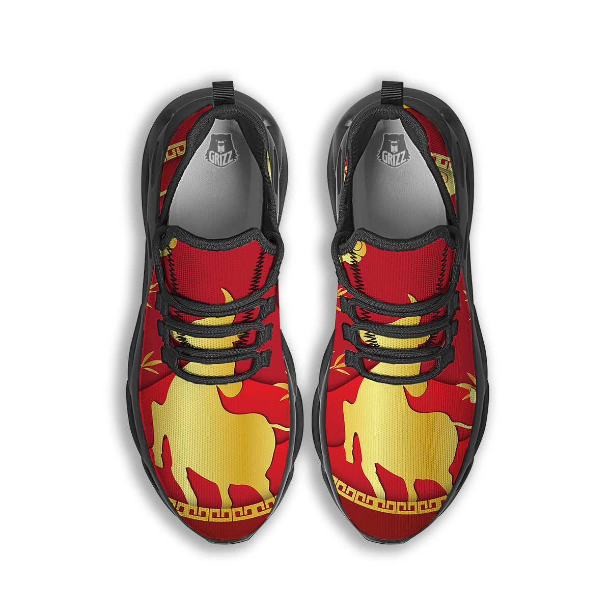 Zodiac Symbol Chinese Ox Print Black Running Shoes-grizzshop