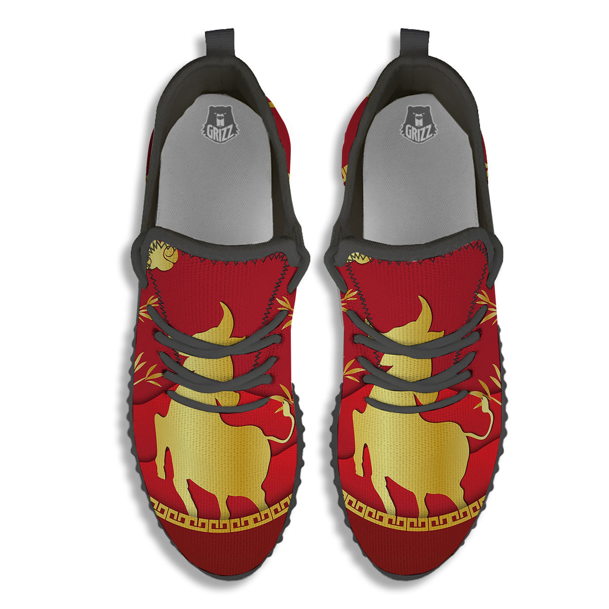 Zodiac Symbol Chinese Ox Print Black Walking Shoes-grizzshop