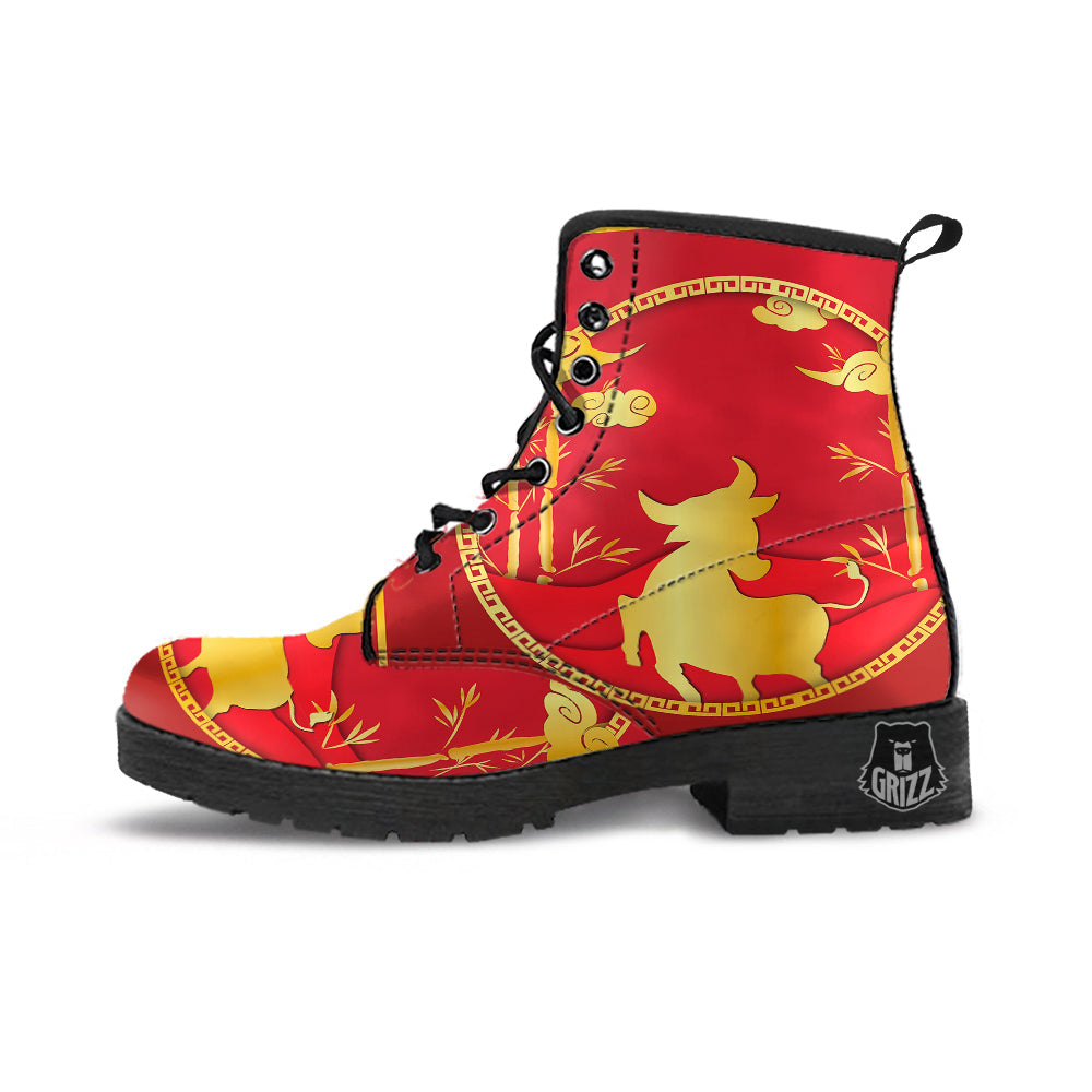 Zodiac Symbol Chinese Ox Print Leather Boots-grizzshop