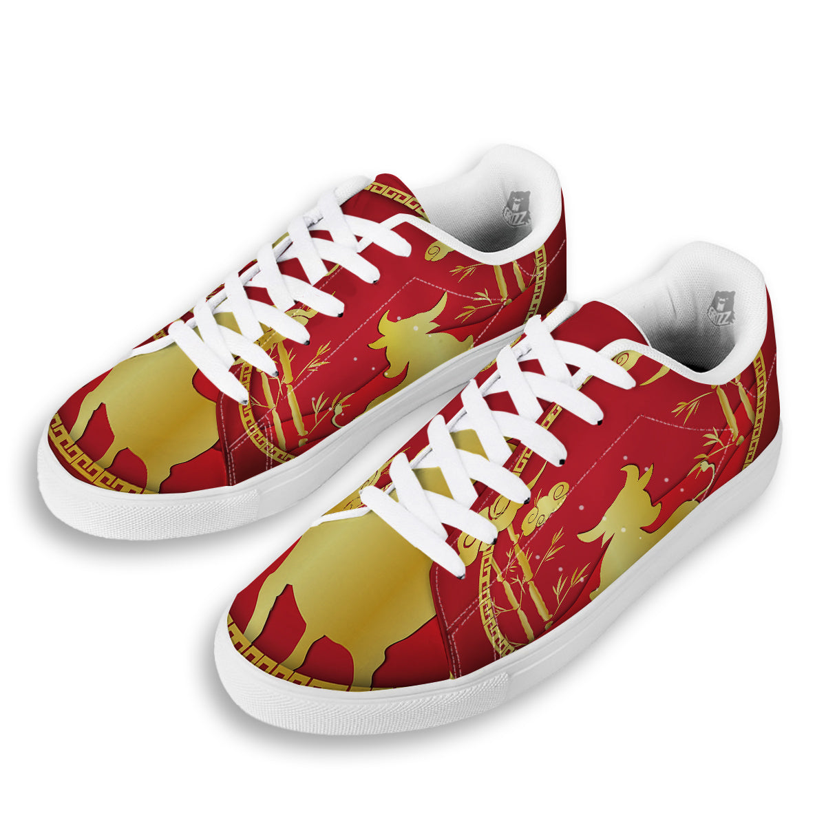 Zodiac Symbol Chinese Ox Print White Low Top Sneakers-grizzshop