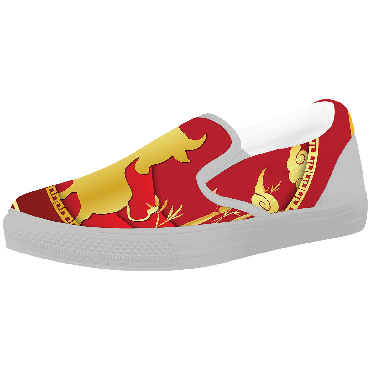 Zodiac Symbol Chinese Ox Print White Slip On Shoes-grizzshop