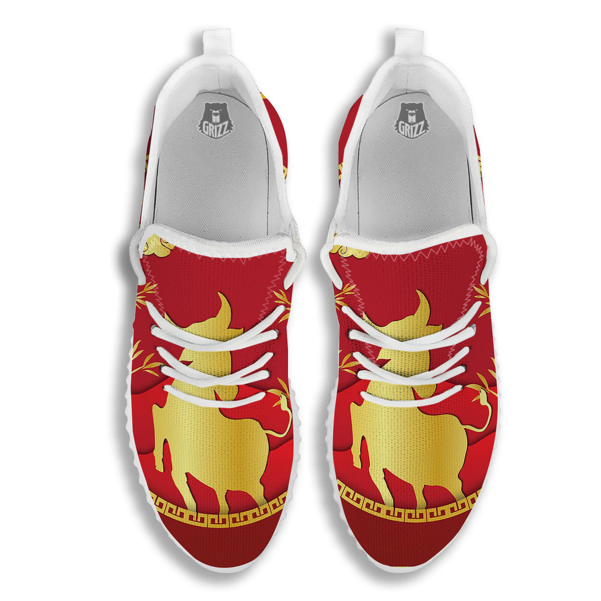Zodiac Symbol Chinese Ox Print White Walking Shoes-grizzshop