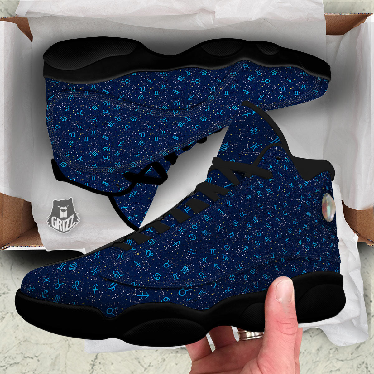 Zodiac Symbols Blue Print Pattern Black Basketball Shoes-grizzshop