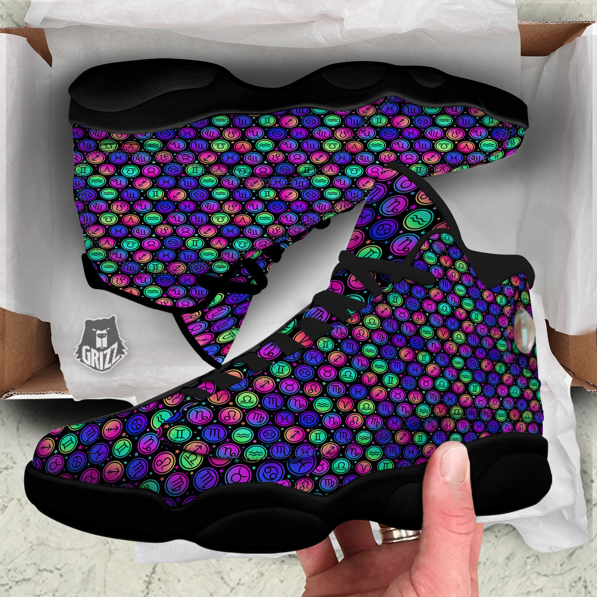 Zodiac Symbols Colorful Print Pattern Black Basketball Shoes-grizzshop