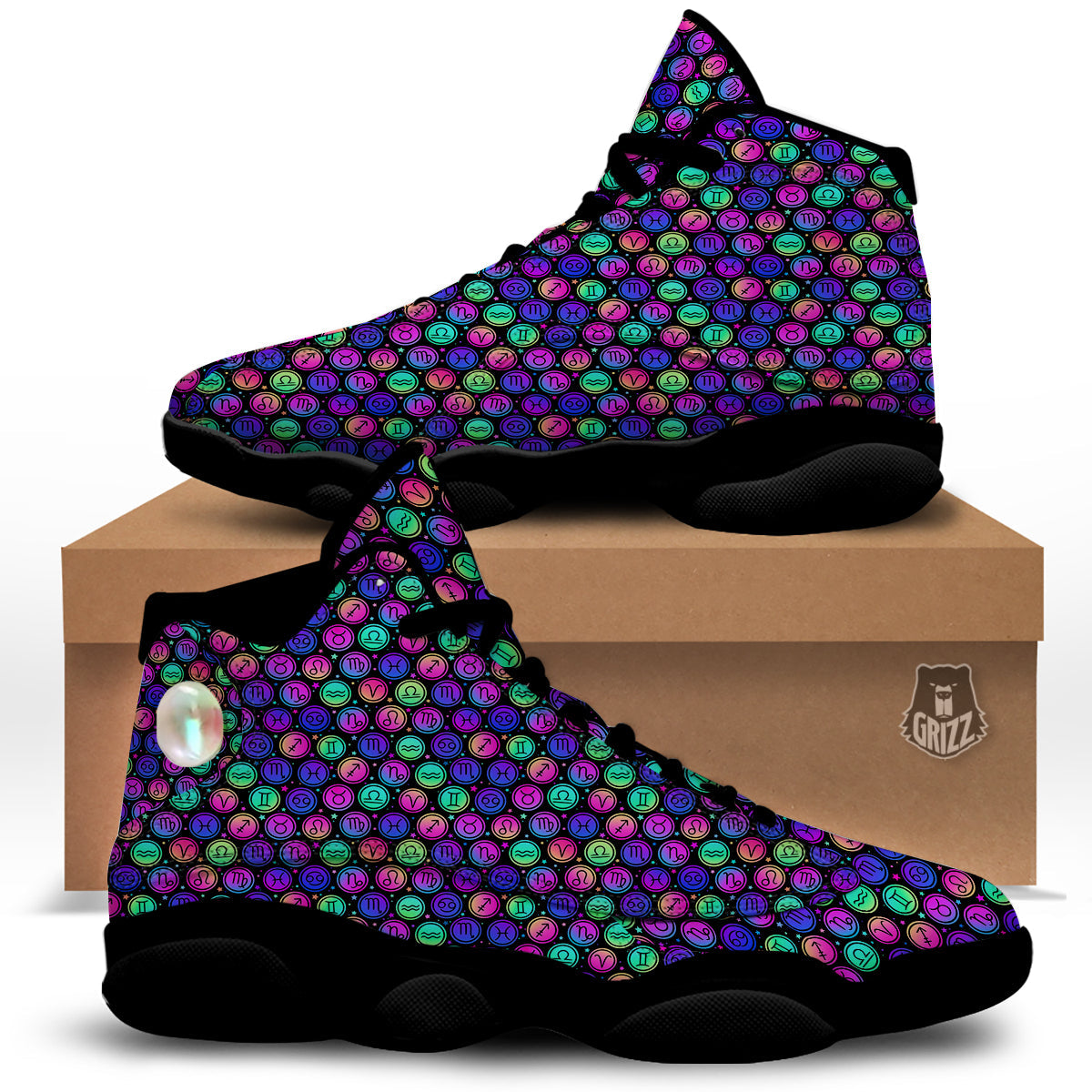 Zodiac Symbols Colorful Print Pattern Black Basketball Shoes-grizzshop