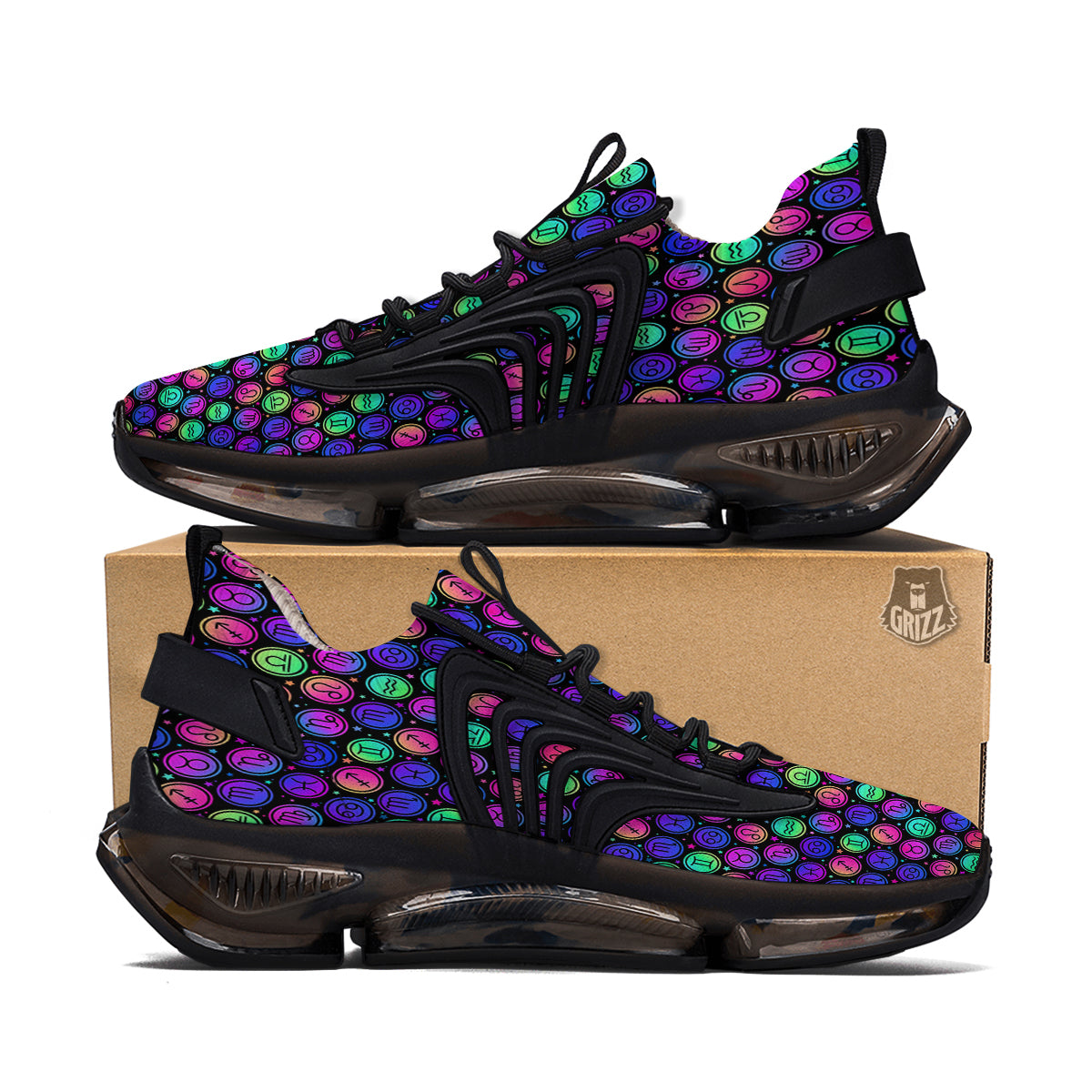 Zodiac Symbols Colorful Print Pattern Black Gym Shoes-grizzshop