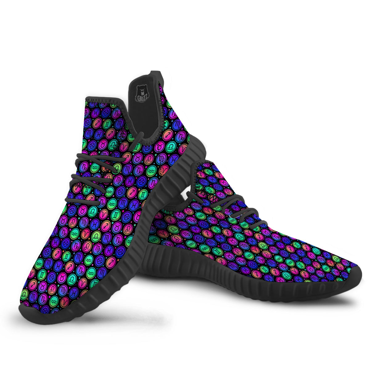 Zodiac Symbols Colorful Print Pattern Black Walking Shoes-grizzshop