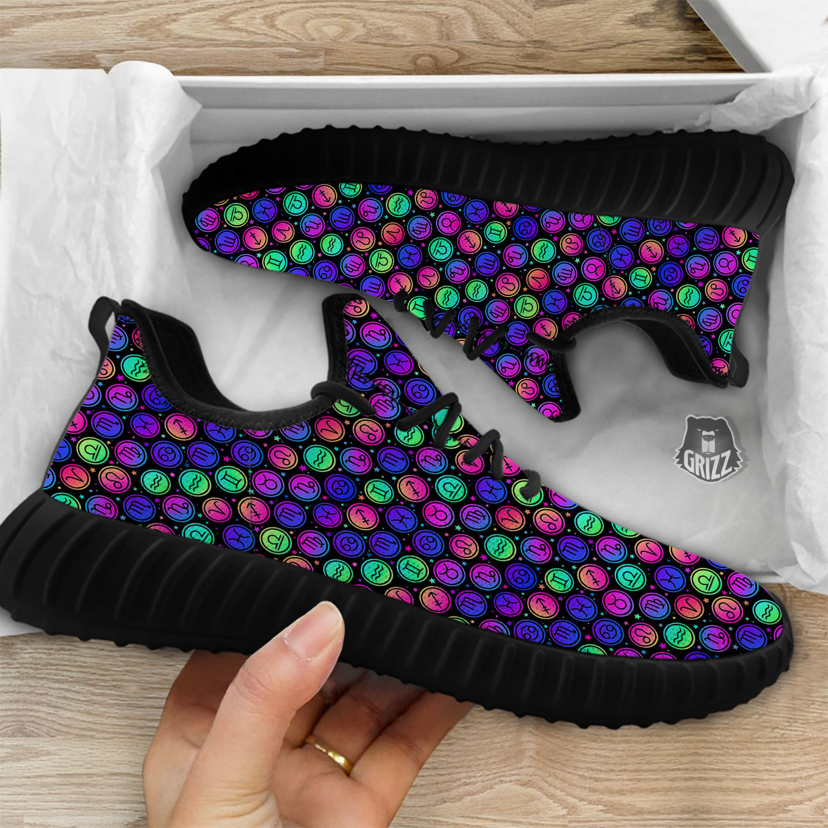 Zodiac Symbols Colorful Print Pattern Black Walking Shoes-grizzshop