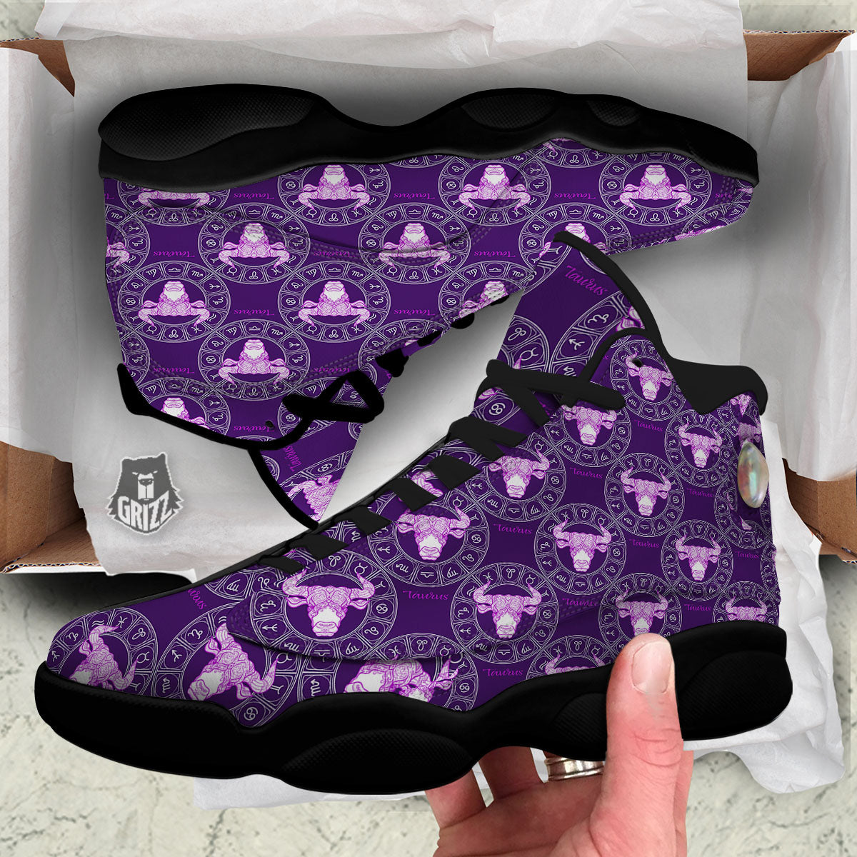 Zodiac Taurus Purple Print Pattern Black Basketball Shoes-grizzshop