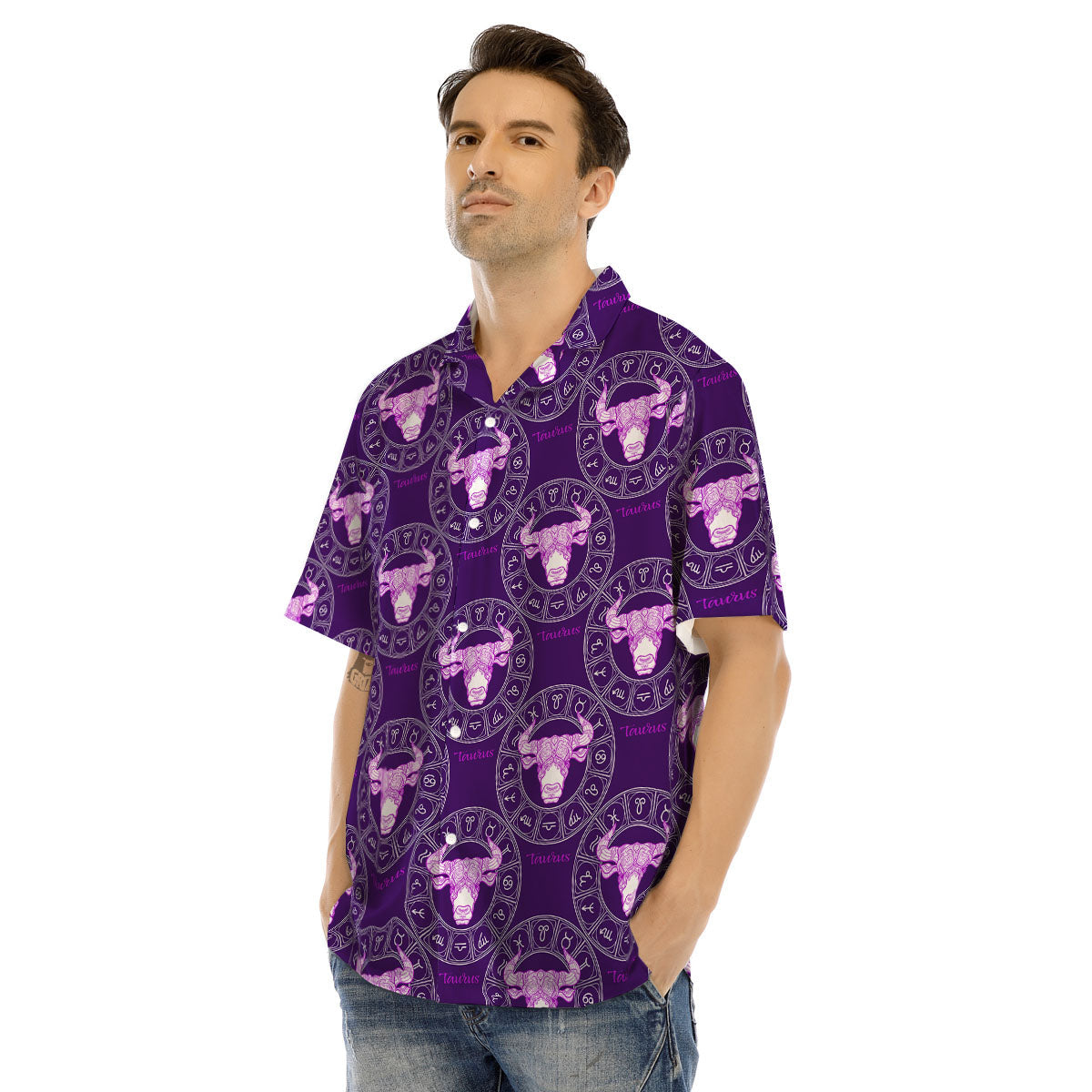 Zodiac Taurus Purple Print Pattern Men's Hawaiian Shirt-grizzshop