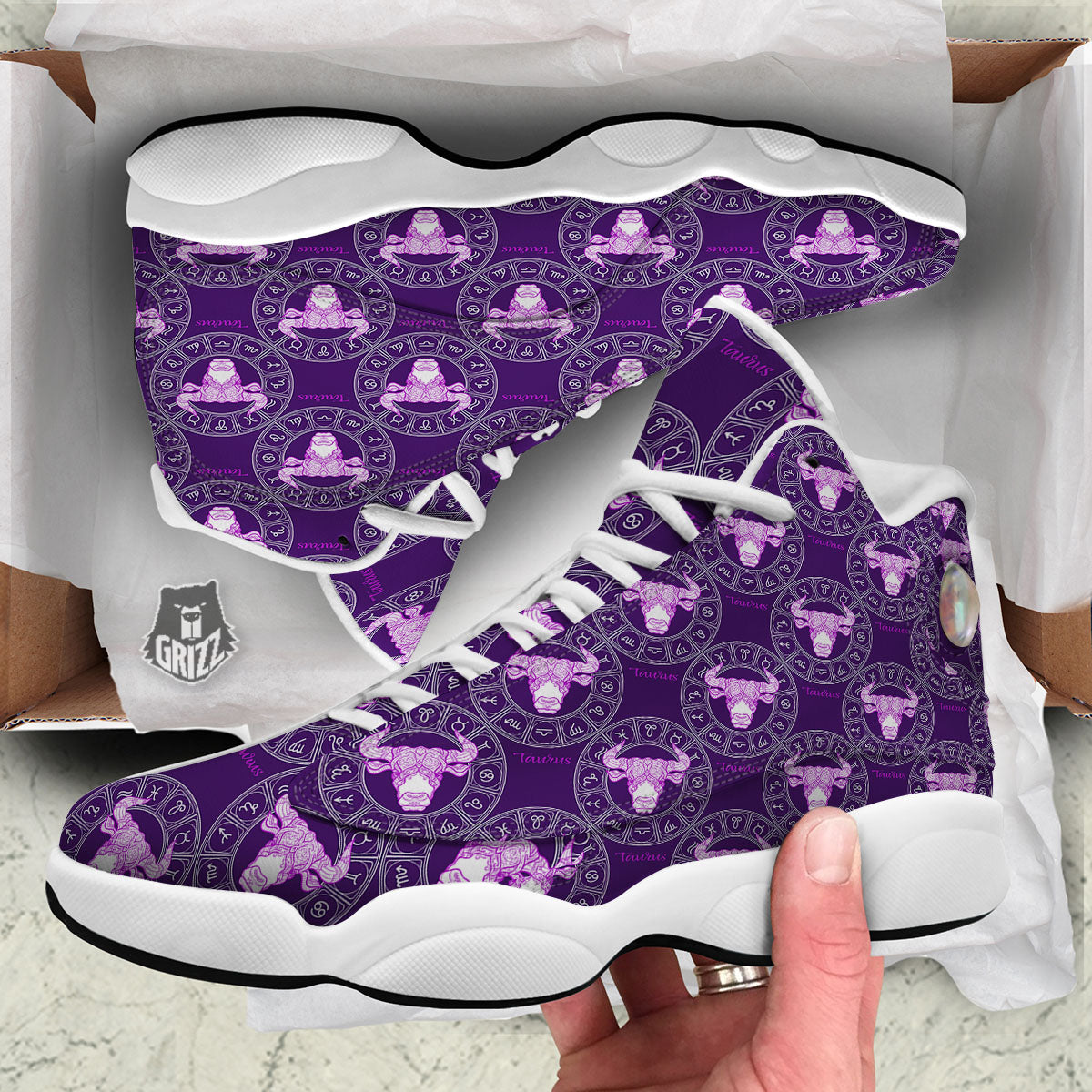 Zodiac Taurus Purple Print Pattern White Basketball Shoes-grizzshop