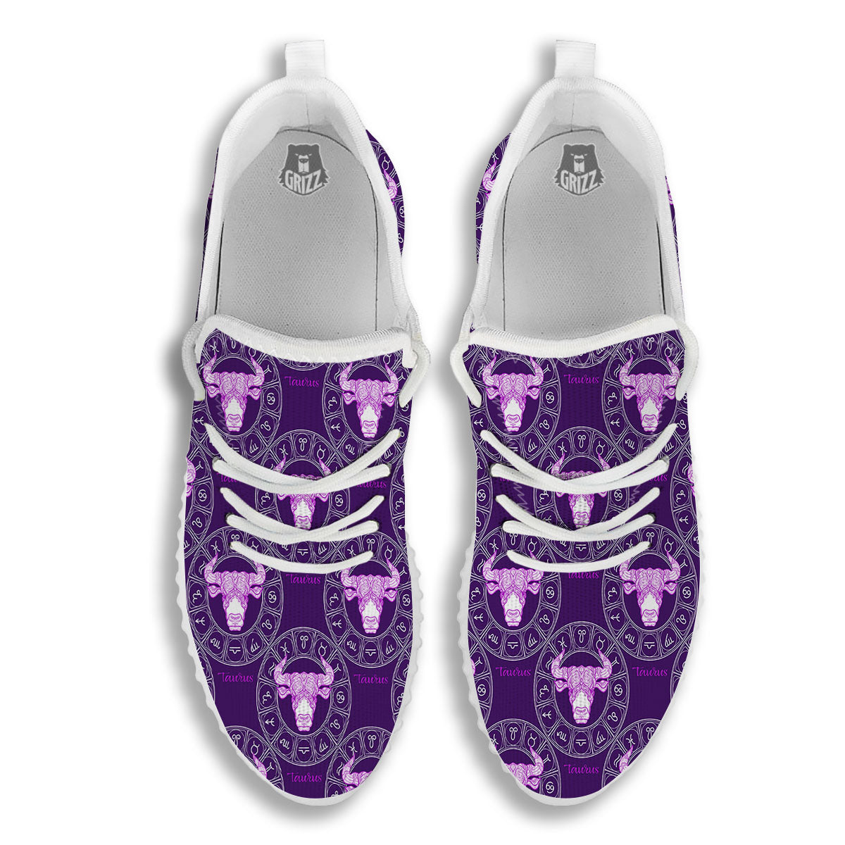Zodiac Taurus Purple Print Pattern White Walking Shoes-grizzshop