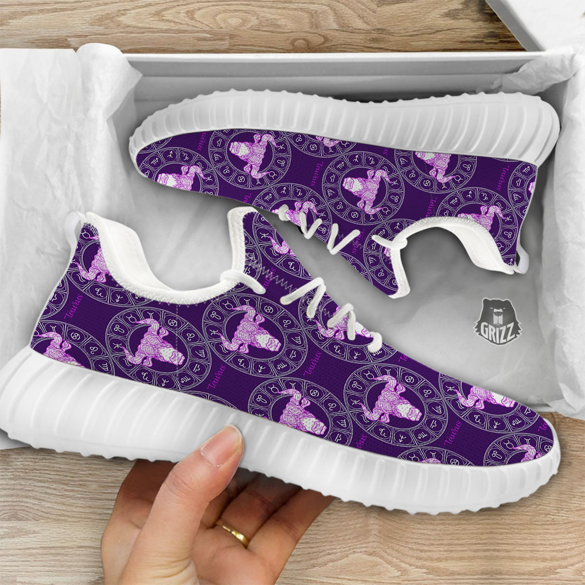 Zodiac Taurus Purple Print Pattern White Walking Shoes-grizzshop