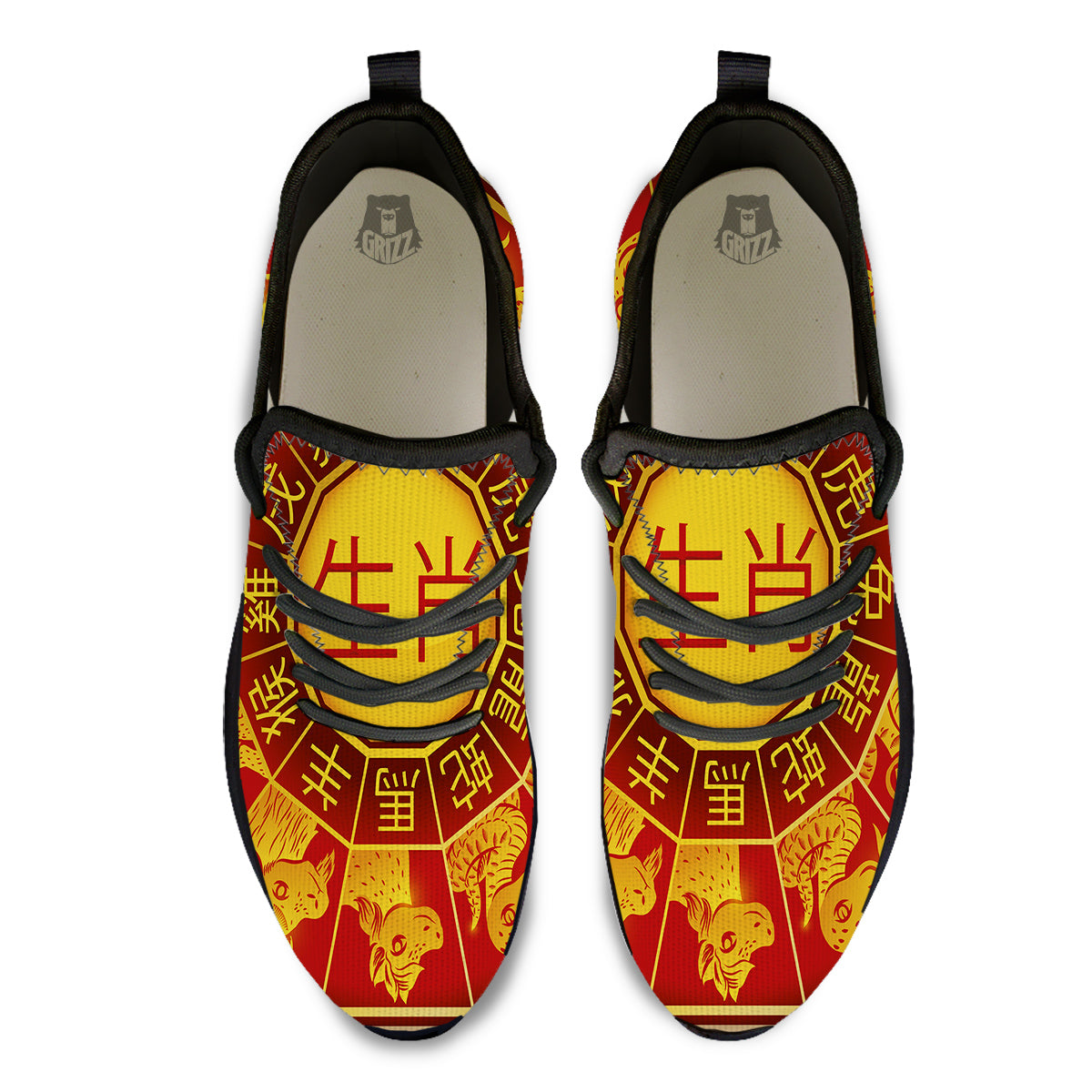 Zodiac Wheel Colourful Chinese Print Black Athletic Shoes-grizzshop