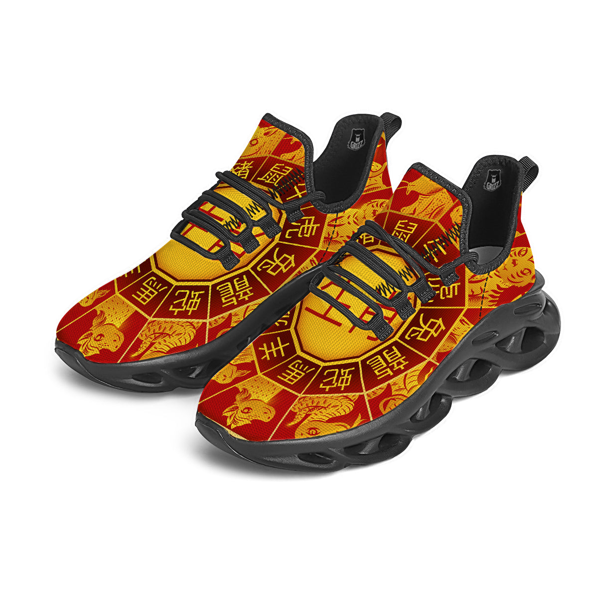 Zodiac Wheel Colourful Chinese Print Black Running Shoes-grizzshop