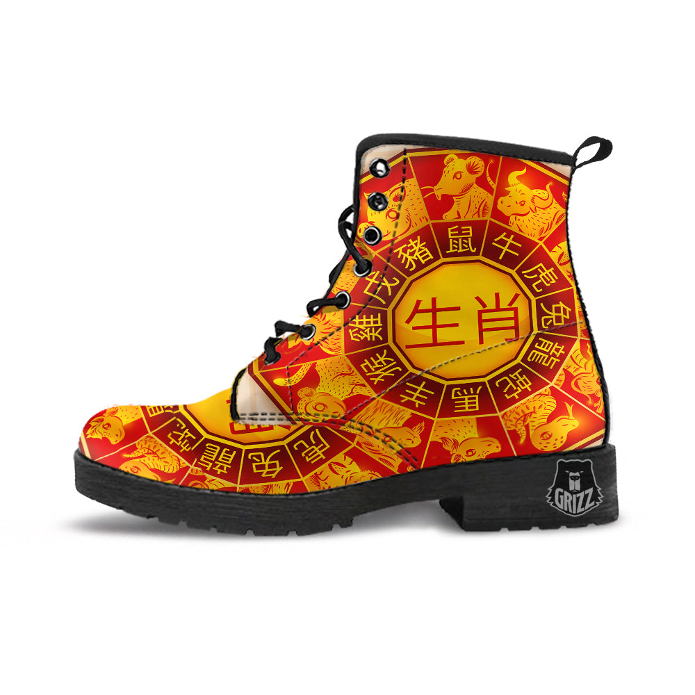 Zodiac Wheel Colourful Chinese Print Leather Boots-grizzshop
