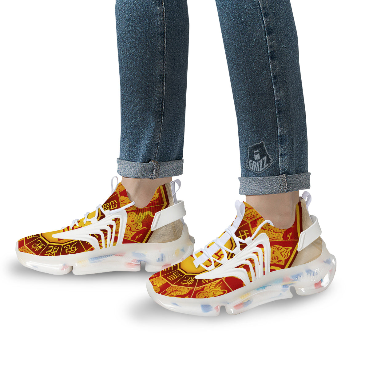 Zodiac Wheel Colourful Chinese Print White Gym Shoes-grizzshop