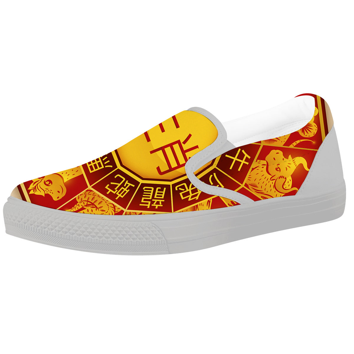 Zodiac Wheel Colourful Chinese Print White Slip On Shoes-grizzshop