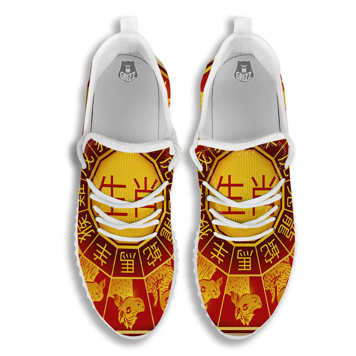 Zodiac Wheel Colourful Chinese Print White Walking Shoes-grizzshop