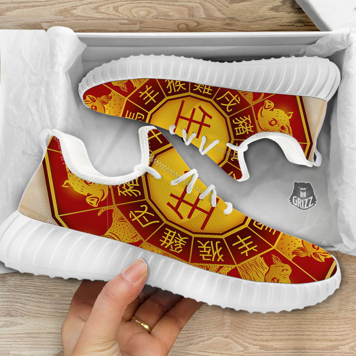 Zodiac Wheel Colourful Chinese Print White Walking Shoes-grizzshop
