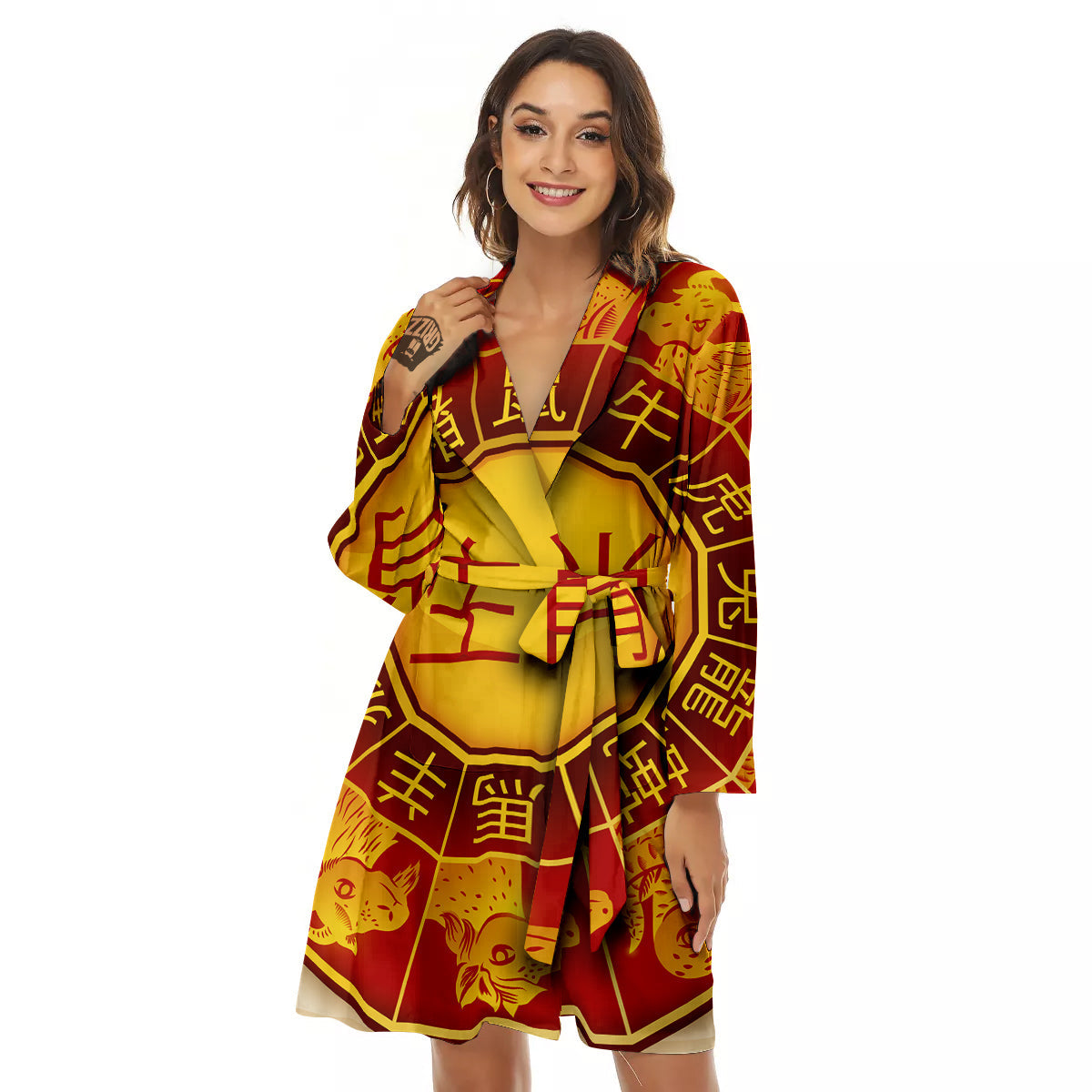 Zodiac Wheel Colourful Chinese Print Women's Robe-grizzshop